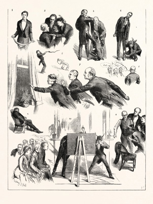 HIDE AND SEEK AT WESTMINSTER, LONDON, "THOUGHT-READING" BY MR. IRVING BISHOP; 1. Mr. Bishop,  Himself, Begs Everybody to Detect Him in Fraud, if Posssible. 2. Game 1: "Very Hot!" 3. Ditto, "Cooler." 4. Game 3: Cold." 5. Mr. Bishop Calls for "Air and Water!" 6. An "Unbelieving Thomas." 7. Game 2: Science (?) Leading Literature and Art Out of Window. 8. Science, Literature, and Art Attack Religion, and, Obliging it to Divest, Do Not Find the Pin, but Mr. Millais Finds a Long Lost Friend. 9. Mr. Bishop Power's of Contemplation Absolutely Nil. 10. The Bank Note Business; or, The Black Art on the Black Board, Frenzy of the Seer. The Chairman (Subject) Loses His Balance.