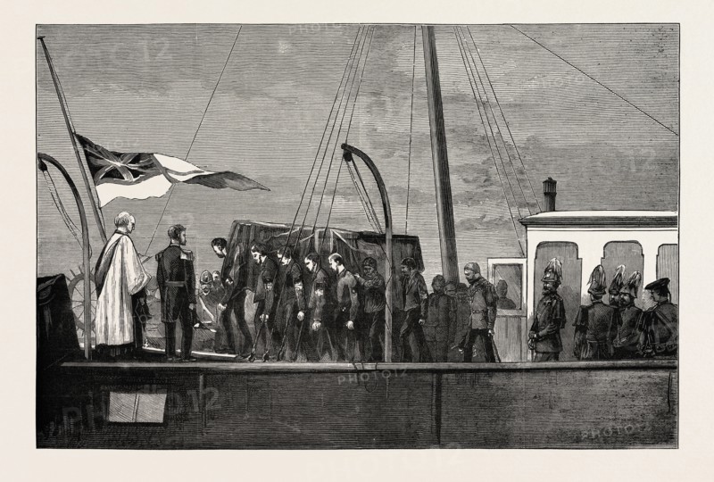 THE LATE DUKE OF ALBANY, THE ARRIVAL AT PORTSMOUTH, APRIL 4, 1884: BRINGING THE COFFIN ASHORE FROM THE "OSBORNE" IN PORTSMOUTH DOCKYARD