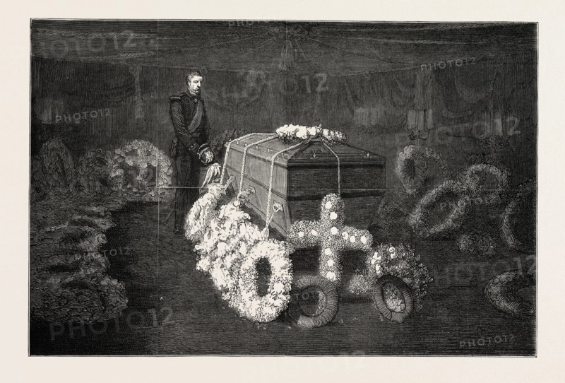 THE LATE DUKE OF ALBANY, THE ARRIVAL AT PORTSMOUTH, APRIL 4, 1884: THE MORTUARY CHAMBER ON BOARD THE ROYAL YACHT "OSBORNE"