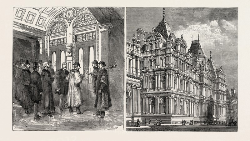 THE NEW MUNICIPAL BUILDINGS AND FREE PUBLIC LIBRARY AT LEEDS: THE MAYOR OPENING THE DOOR OF THE NEW BUILDINGS (LEFT IMAGE); THE NEW BUILDINGS (RIGHT IMAGE)