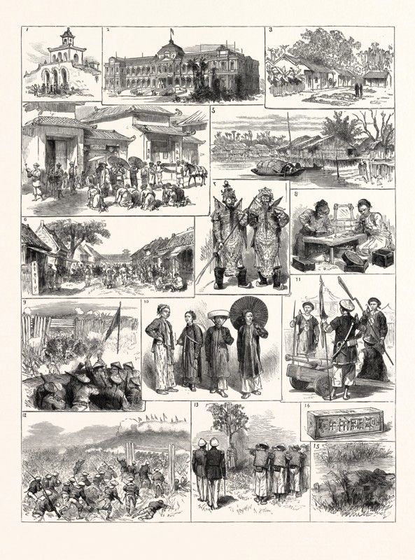 THE FRENCH IN TONKIN (VIETNAM): 1. Magazine in the Citadel of Hanoi. 2. Palace of the Governor at Saigon. 3. Mission Houses at Bo-Liéou. 4. A Street in Hanoi. 5. A Ferry near Hue. 6. Street in the Business Quarter at Hue. 7. Costumes at the Theatre at Hue: Warriors. 8. Tonkinese Workmen Inlaying Mother-of-Pearl. 9 and 12. Marine Fusiliers Under Admiral Courbet Storming the Approach to the Chinese Quarter at Sontay. 10. Natives of Tonkin. 11. Annamite Soldiers at Hué. 13. A File of Cochin-Chinese Auxiliaries Shooting an Annamite Mandarin. 14. A Bar of Silver Found in Sontay Citadel. 15. Dead Chinese Soldiers in a Moat at Sontay.