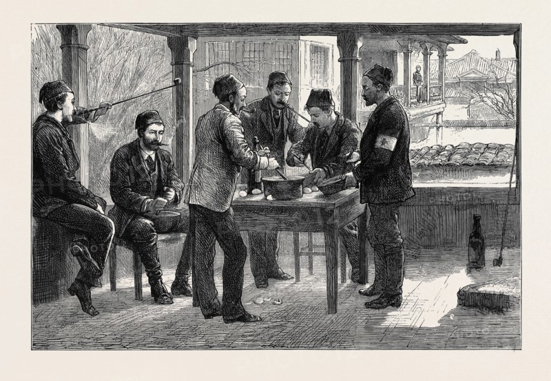 THE EASTERN QUESTION, CHRISTMAS WITH THE TURKS AT NISCH: BRITISH SURGEONS OF THE "RED CROSS" STIRRING THEIR CHRISTMAS PUDDING