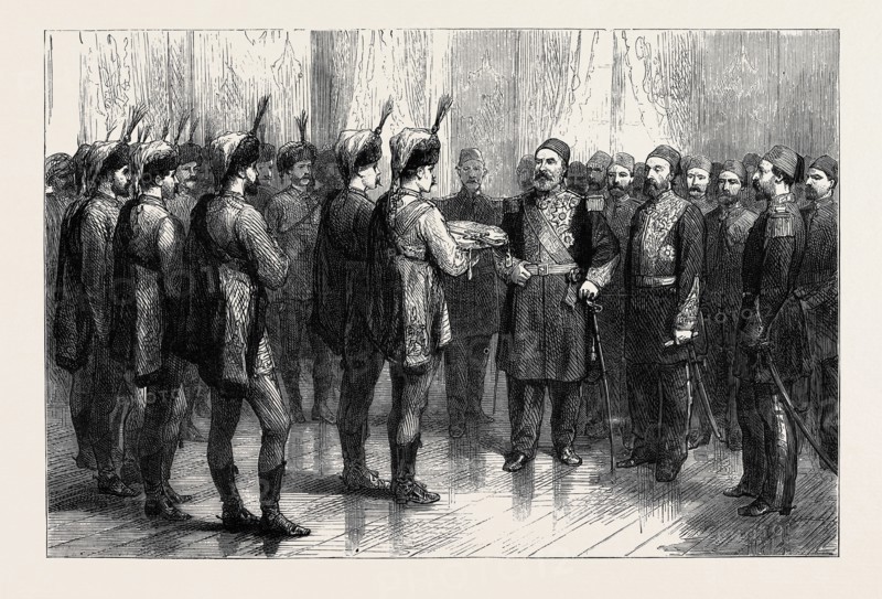 THE EASTERN QUESTION: THE DEPUTATION OF HUNGARIAN STUDENTS PRESENTING A SWORD OF HONOUR TO THE TURKISH COMMANDER-IN-CHIEF AT CONSTANTINOPLE