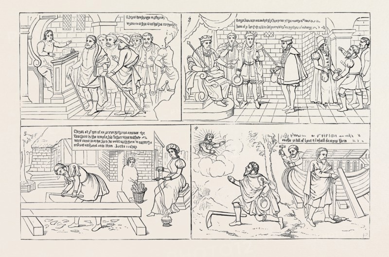 THE FOUR SCRIPTURAL PAINTINGS AT CARPENTER'S HALL: "Jesus Christ in His Youth Teaching in the Temple: 'Is this not the Carpenter's Son?' "; 2. "King Josiah Ordering the Repair of the Temple"; 3. "Joseph at Work as a Carpenter: The Saviour Engaged in Picking Up Chips: The Virgin Mary Spinning"; 4. "Construction of the Ark: Noah Receiving Orders from the Almighty"