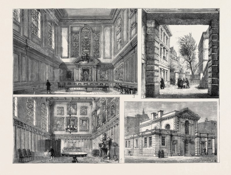 THE SALE OF SERJEANTS' INN: 1. View of the Inn through Archway looking from Chancery Lane; 2. Exterior of the Hall; 3. Interior of the Hall; 4. The "Chapel"