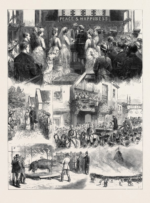 MARRIAGE IN HIGH LIFE, THE WEDDING OF LADY THEODORA GROSVENOR AND MR. T. MERTHYR GUEST: 1. The Ceremony in Motcombe Parish Church; 2. A Path of Flowers; 3. The Bride and Bridegroom at the Grosvenor Arms, Shaftesbury; 4. Roasting the Ox in the Market Place Shaftesbury; 5. The Monster Bonfire on Castle Hill