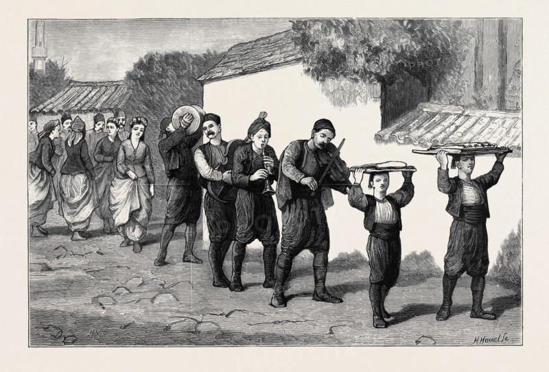 BULGARIA, A MARRIAGE PROCESSION: THE BRIDEGROOM SENDING PRESENTS TO THE BRIDE
