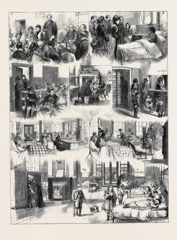 THE REOPENING OF CHARING CROSS HOSPITAL BY THE PRINCE AND PRINCESS OF WALES: 1. The Prince Declaring the Hospital Open; 2. The Princess Talking with a Patient, a Young Frenchwoman; 3. The Accident Ward; 4. The Consultation Room; 5. The Dispensing Room; 6. The Operation Room; 7. Scene in a Ward; 8. The "Alexandra" Ward for Children