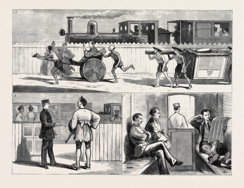 CIVILISATION IN JAPAN, SKETCHES ON THE YOKOHAMA RAILWAY: 1. Outside Yokohama: "Past and Present"; 2. "Tickets, Please:" Old and New japan; 3. Interior of a Railway Carriage