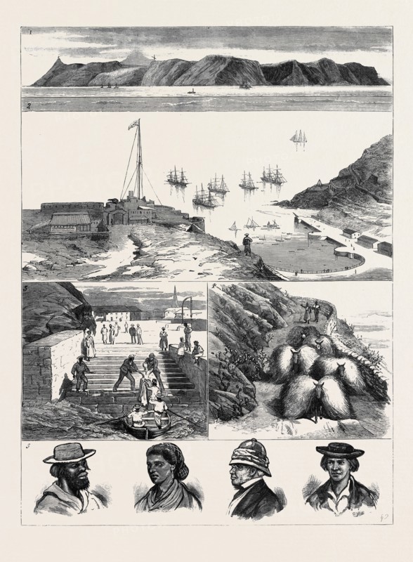ST. HELENA: 1. View of the Island from the Sea; 2. View from Ladder Hill of the Anchorage, Signal Station, and Barracks; 3. Landing from the Mail Steamer: Heavy Rollers On; 4. Mode of Conveying Hay; 5. Types to be met with in the Streets of Jamestown