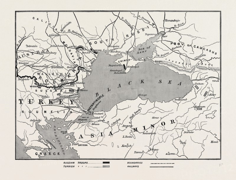 THE IMPENDING WAR, MAP OF TURKEY AND SOUTHERN RUSSIA, SHOWING THE RELATIVE POSITIONS OF THE RUSSIAN AND TURKISH ARMIES, 1877