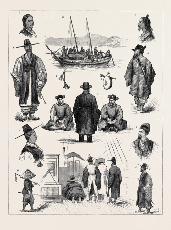 IN THE KOREAN ARCHIPELAGO: 1. An Attendant; 2. Junk at Anchor, Murray Sound; 3. A Coolie; 4. The Village Burgomaster, Crichton Harbour; 5. Soldier, showing the method of wearing the Sword; 6. Gong and Trumpets, Murray Sound; 7. A Business Coterie; 8. A Dignitarie; 9. Horsehair Hat; 10. A Coolie; 11. Official Visitors on the Quarter Deck; 12. The Mace Bearer