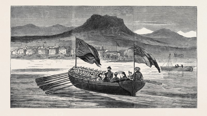VISIT OF THE PRINCESS OF WALES TO GREECE: THE "OSBORNE'S" BARGE BEARING THE ROYAL PARTY TO THE LANDING-STAGE