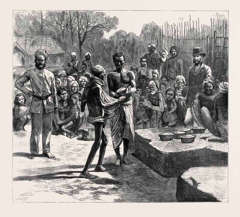 THE FAMINE IN THE MADRAS PRESIDENCY: THE RELIEF CAMP AT MONEGAR CHOULTRY, SERVING OUT BOILED RICE