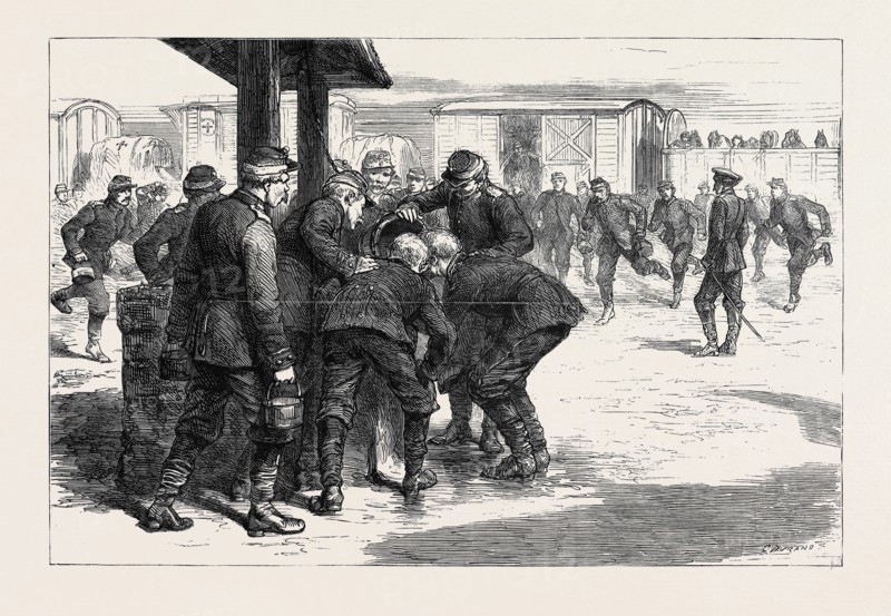 THE WAR IN THE EAST, WITH THE RUSSIANS: ON THE WAY TO THE FRONT BY RAIL, "TWO MINUTES FOR REFRESHMENT"