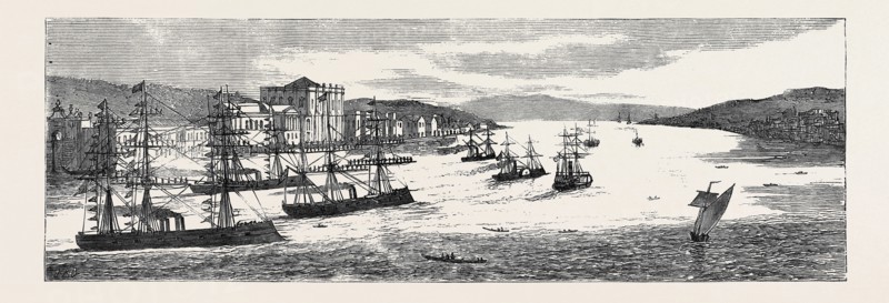 THE WAR IN THE EAST, WITH THE TURKS: SKETCHES AT CONSTANTINOPLE: REVIEW OF TRANSPORTS AND IRONCLADS BEFORE THE PALACE OF DOLMA-BAGTCHÃƒâ€° ON THE OCCASION OF THE EXPEDITIONARY FORCE LEAVING FOR SOUKHOUM KALÃƒâ€°