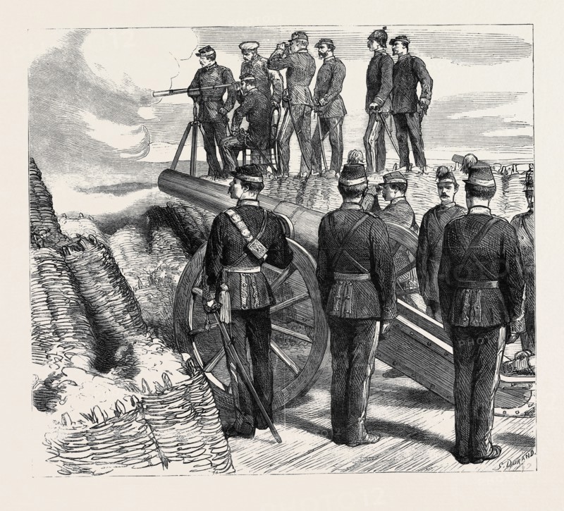 THE WAR IN THE EAST, CANNONADING AT KALAFAT: PRINCE CHARLES OF ROMANIA WATCHING THE EFFECT OF THE FIRST SHOT FROM THE CARL BATTERY