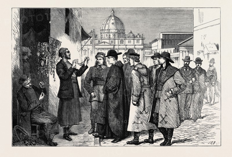 THE PAPAL JUBILEE AT ROME, PILGRIMS BUYING ROSARIES AND CRUCIFIXES FROM THE HOLY LAND IN THE VIA DI BORGO NUOVO, OUTSIDE ST. PETER'S