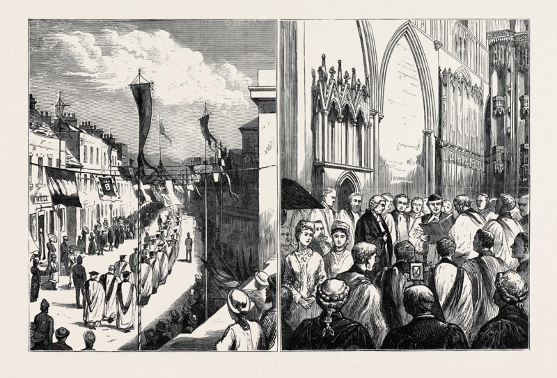 THE INSTALLATION AND ENTHRONEMENT OF THE NEW BISHOP OF ST. ALBAN'S: THE PROCESSION VIEWED FROM THE TOWN HALL (LEFT), THE FORMAL INVESTMENT OF BISHOP CLAUGHTON BY THE ARCHBISHOP (RIGHT)