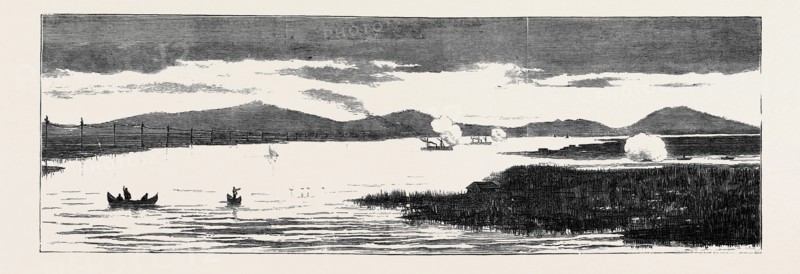 THE WAR IN THE EAST: WITH THE TURKS, RUSSIAN TORPEDO BOATS ATTACKING TURKISH CRUISERS ON THE SULINA BRANCH OF THE DANUBE
