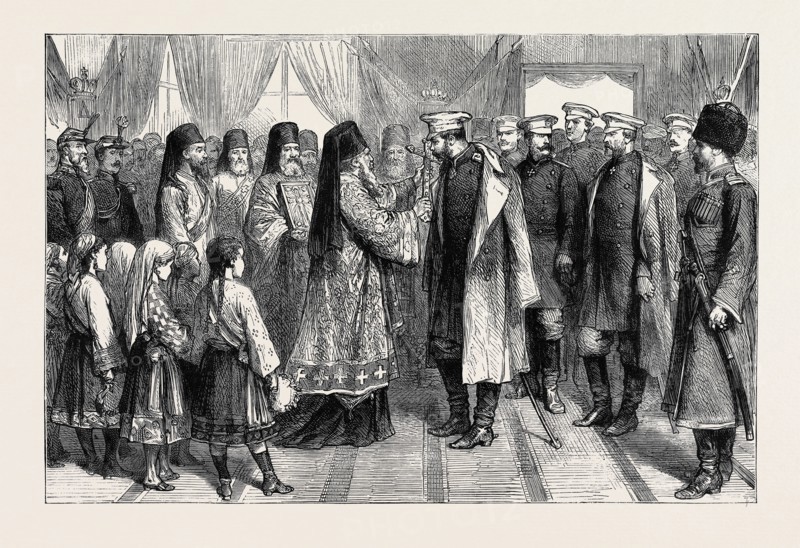 THE WAR IN THE EAST: WITH THE RUSSIANS: RECEPTION OF THE CZAR BY THE CLERGY OF PLOJESTI