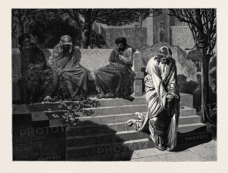 "THE GARDEN OF GETHSEMANE" FROM THE PICTURE BY JOHN S. CUTHBERT; "And He came and found them asleep again, for their eyes were heavy. And He left them, and went away again", MATT. xxvi. 43, 44