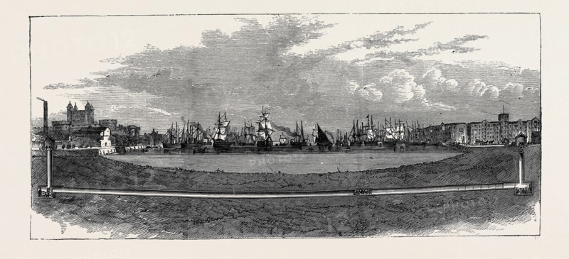 THE THAMES SUBWAY, SECTION; The new subway running from Tower Hill to Vine Street, Tooley Street, is a quarter of a mile in length, and about twenty-two feet, though in the middle rather more, below the bed of the river. The lining of the tunnel is formed of iron tubing, bolted together in short segments; 1870