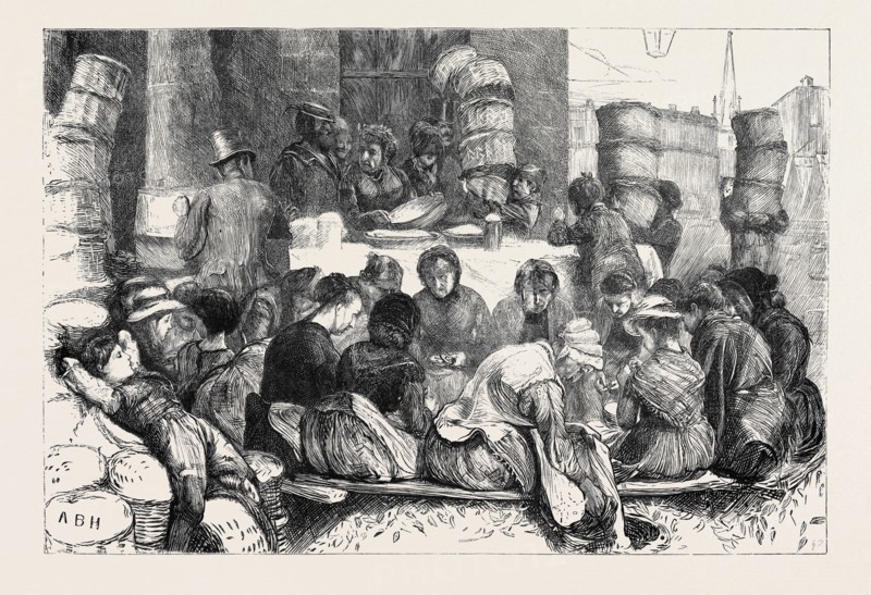 EARLY MORNING IN COVENT GARDEN MARKET, SHELLING PEAS, LONDON, 1870