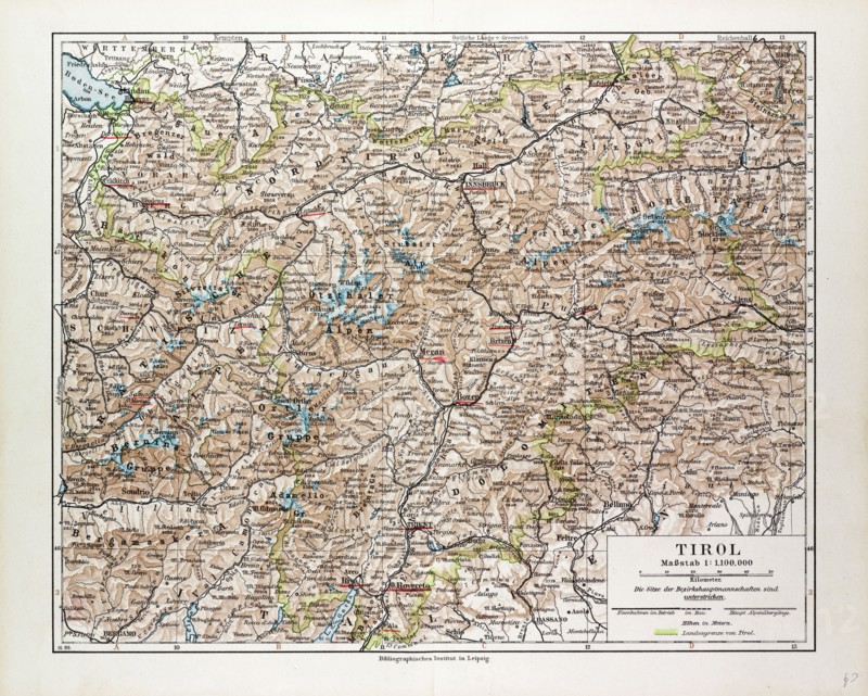 MAP OF TIROL, AUSTRIA, 1899