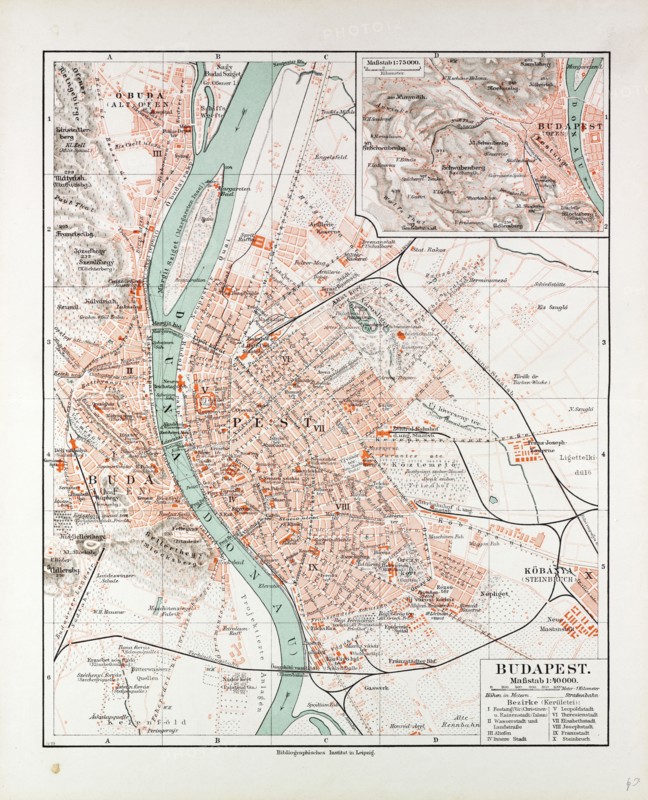 MAP OF BUDAPEST, HUNGARY, 1899