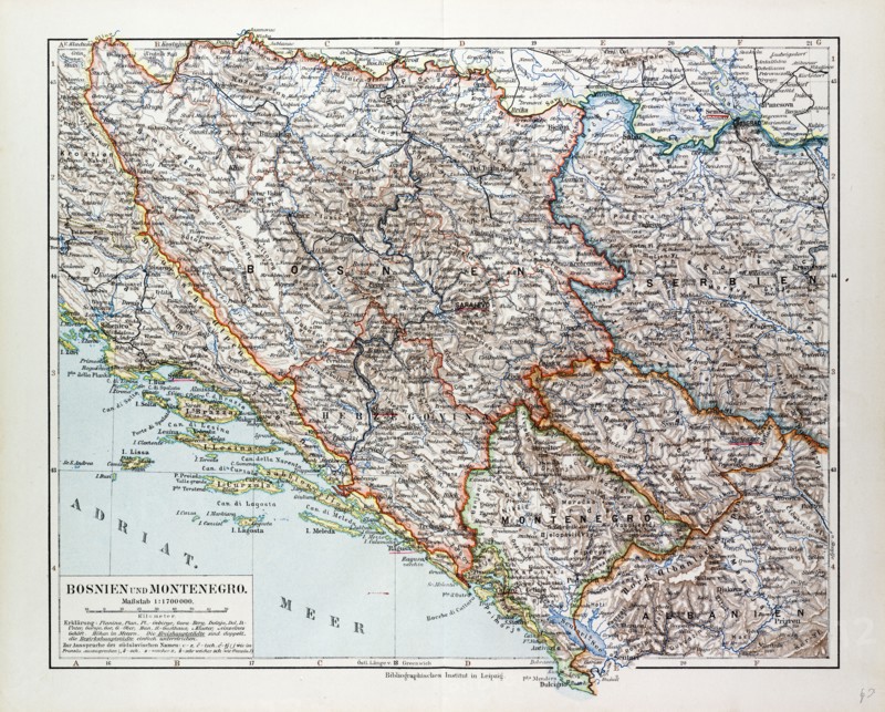 MAP OF BOSNIA AND HERZEGOVINA, MONTENEGRO, SERBIA, 1899