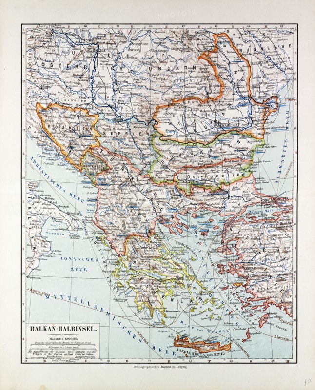 MAP OF AUSTRIA-HUNGARY, GREECE, SERBIA, BOSNIA AND HERZEGOVINA, ROMANIA, BULGARIA, MACEDONIA, MONTENEGRO AND CRETE, ALBANIA, BULGARIA, 1899