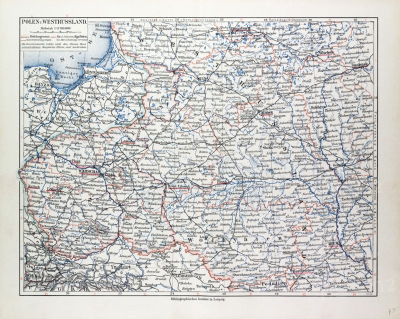 MAP OF POLAND, BELARUS AND UKRAINE, 1899