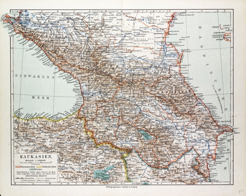 MAP OF TRANSCAUCASIA, GEORGIA, AZERBAIJAN, ARMENIA, 1899