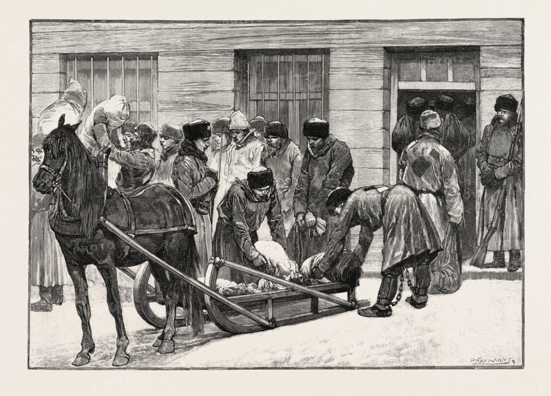 SKETCHES IN SIBERIA, COURTYARD OF THE PRISON FOR CRIMINALS AT KRASNOIARSK: PRISONERS ON THEIR ARRIVAL AT KRASNOIARSK UNLOADING SLEDGES