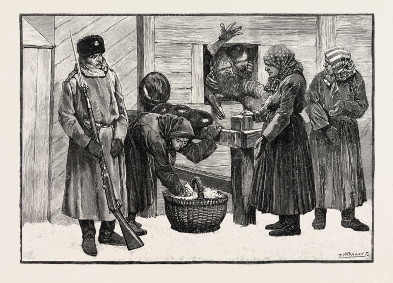 SKETCHES IN SIBERIA, COURTYARD OF THE PRISON FOR CRIMINALS AT KRASNOIARSK: PEASANT WOMEN SELLING BREAD, TEA, AND SUGAR TO PRISONERS.
