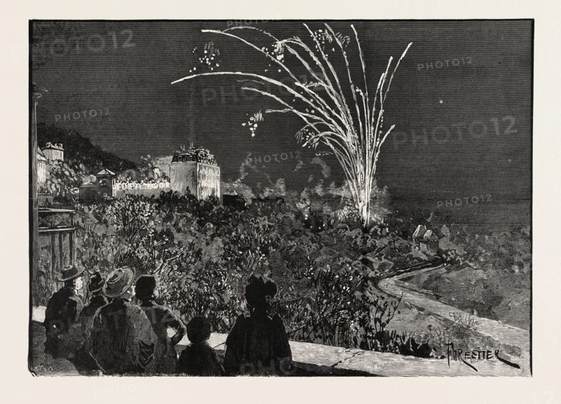 PRINCESS BEATRICE'S BIRTHDAY AT GRASSE: ILLUMINATIONS AND FIREWORKS AT THE GRAND HOTEL, FRANCE