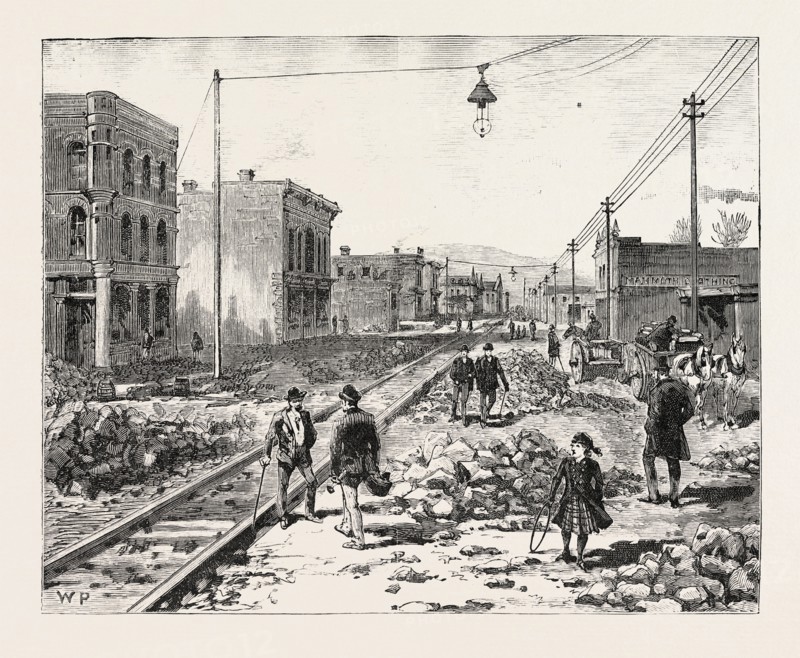 MIDDLESBOROUGH, KENTUCKY: CUMBERLAND AVENUE, SHOWING STREET RAILWAY AND BUILDING OPERATIONS, USA