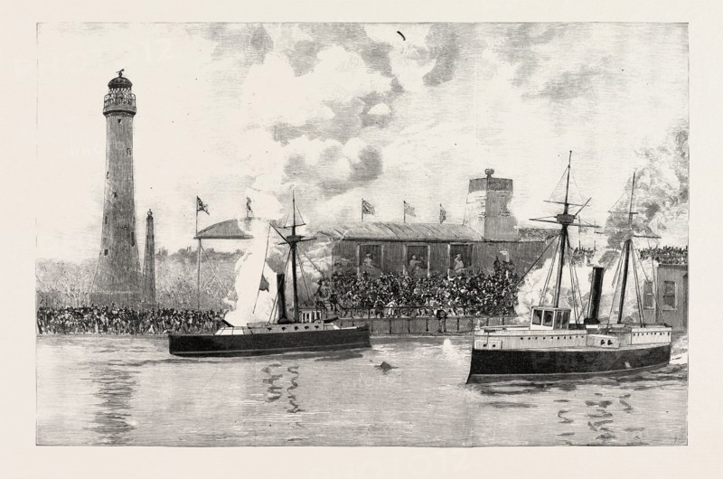NAVAL ACTION BETWEEN MODEL SHIPS AT THE ROYAL NAVAL EXHIBITION.