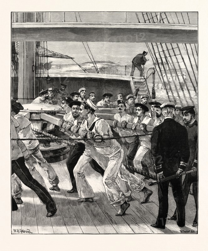 HEAVE TOGETHER! FRENCH AND ENGLISH SEAMEN ASSISTING A STRANDED FRENCH CRUISER.