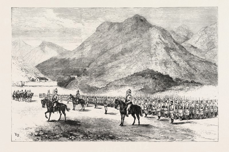 THE MANIPUR FIELD FORCE: INSPECTION PARADE OF THE KOHIMA COLUMN.