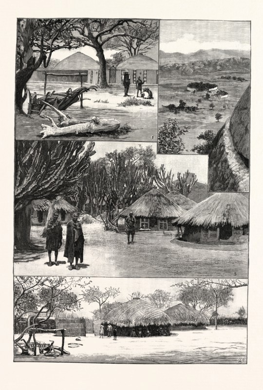 THE BRITISH SOUTH AFRICA COMPANY'S EXPEDITION TO MASHONALAND: 1. Huts of Khama, Chief of the Bamangwato, in Bechuanaland. 2. Circular Building at Zimbabye, Mashonaland, from top of hill, the plain below covered with ruins. 3. Zimonto's Kraals. 4. Khama's Huts at Palapwye, in Bechuanaland.