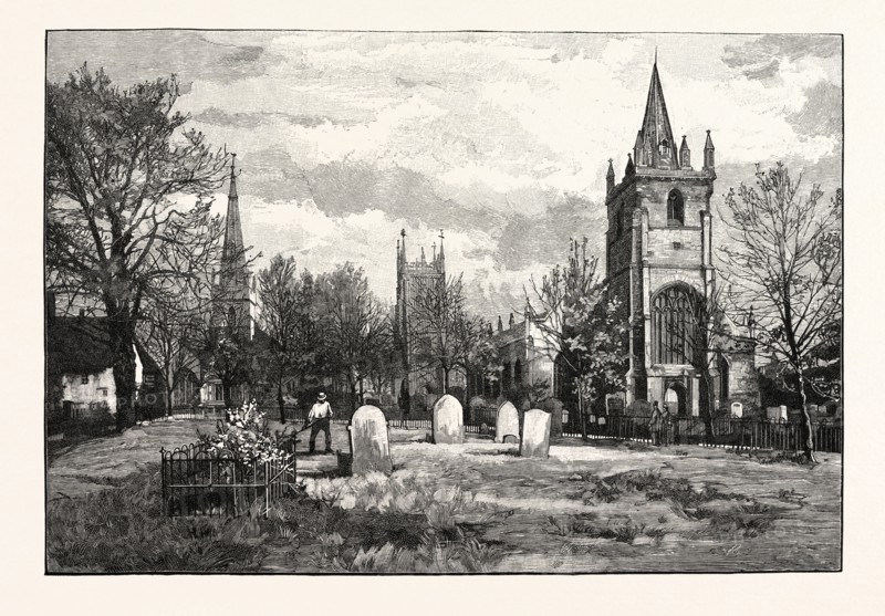 FROM LEFT TO RIGHT: ALL SAINTS' CHURCH, THE BELL TOWER, EVESHAM ABBEY, ST. LAURENCE'S CHURCH