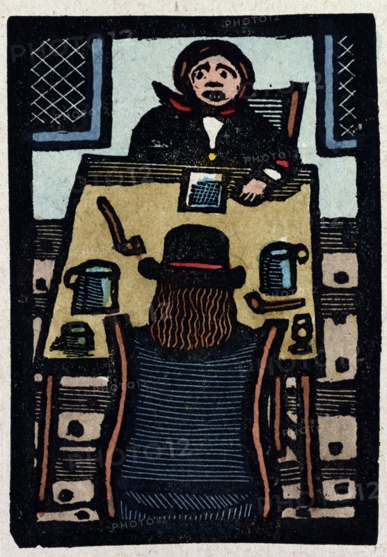illustration of English tales, folk tales, and ballads. Two people sitting at a table