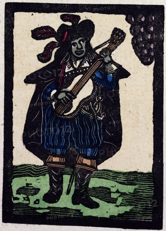 illustration of English tales, folk tales, and ballads. A man dressed in blue playing a guitar