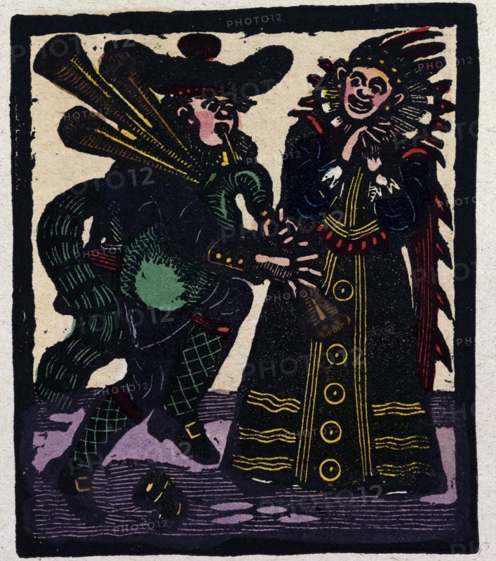 illustration of English tales, folk tales, and ballads. A man playing a bagpipe while a woman watches