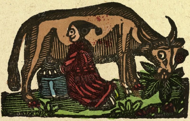 illustration of English tales, folk tales, and ballads. A person milking a cow