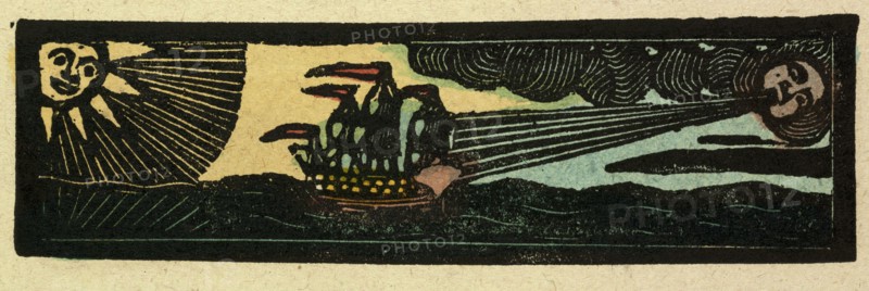 illustration of English tales, folk tales, and ballads. A ship being blown by the wind