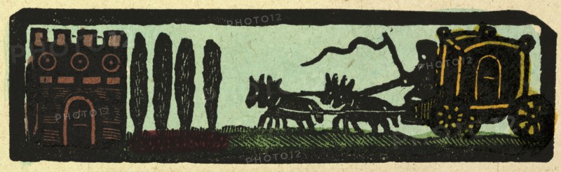 illustration of English tales, folk tales, and ballads. A coach drawn by four horses on the road to a castle