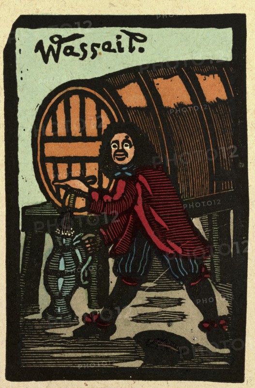 illustration of English tales, folk tales, and ballads. A man filling a jug with a liquid substance from a barrel